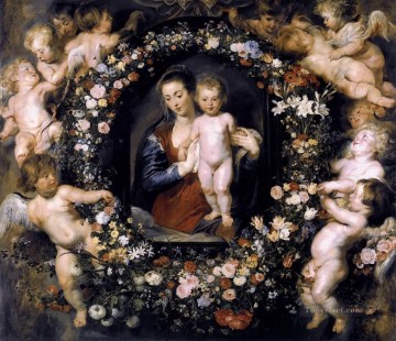 Madonna en corona floral barroca Peter Paul Rubens Pinturas al óleo
